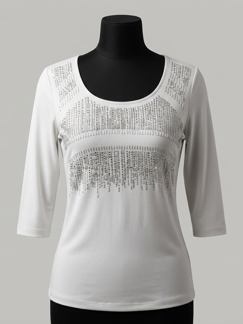 Chico's Women’s Size 0 Gray Embellished Rhinestone Fringe 3/4 Sleeve Top